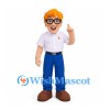 Boy Mascot Costume with Orange Hair Glasses White Polo Shirt and Blue Trousers