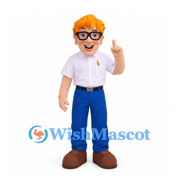 Boy Mascot Costume with Orange Hair Glasses White Polo Shirt and Blue Trousers