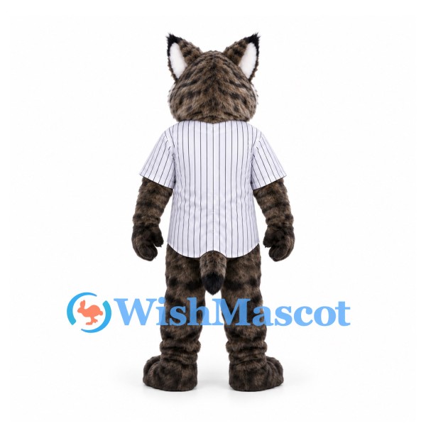 Lynx Mascot Costume in Gray with White Pinstriped Baseball Shirt
