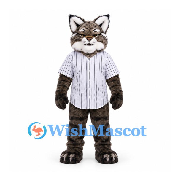 Lynx Mascot Costume in Gray with White Pinstriped Baseball Shirt