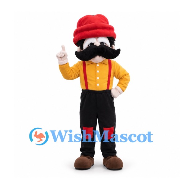 Lumberjack Mascot Costume with Black Mustache Orange Shirt and Red Beanie