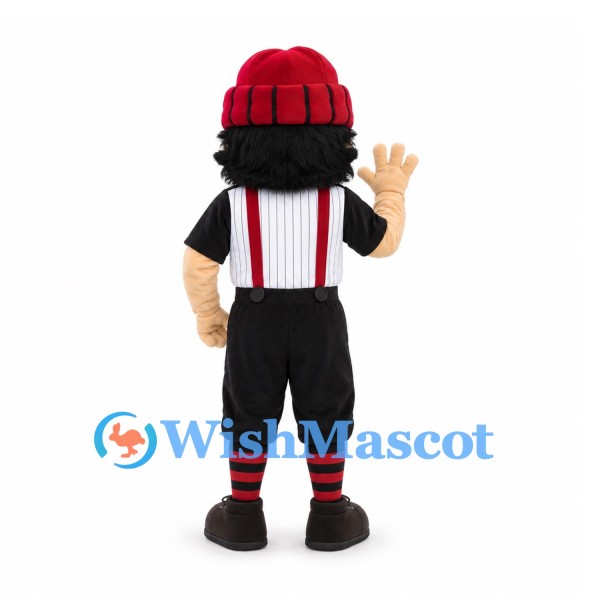 Lumberjack Mascot Costume with Black Beard Striped Shirt and Red Beanie