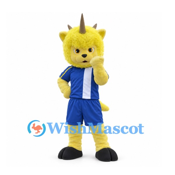 Unicorn Mascot Costume in Yellow with Blue Sports Uniform