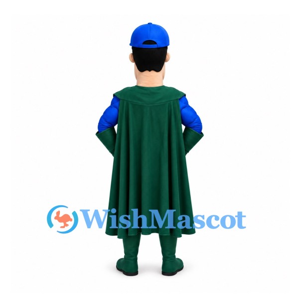 Superhero Mascot Costume in Blue with Green Cape and Boots