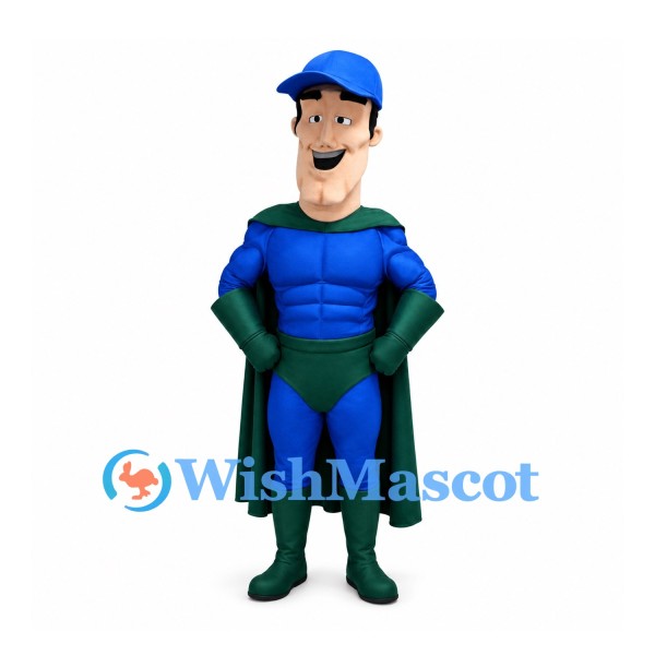 Superhero Mascot Costume in Blue with Green Cape and Boots