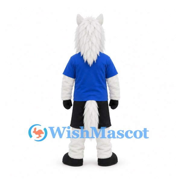 Horse Mascot Costume in White with Blue Shirt and Black Shorts