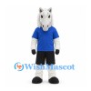 Horse Mascot Costume in White with Blue Shirt and Black Shorts