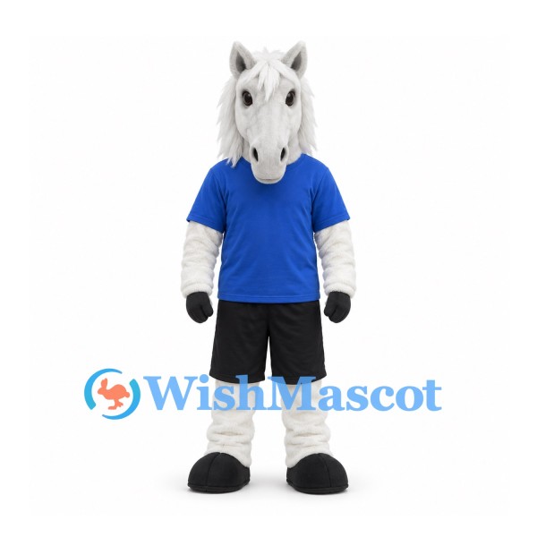 Horse Mascot Costume in White with Blue Shirt and Black Shorts