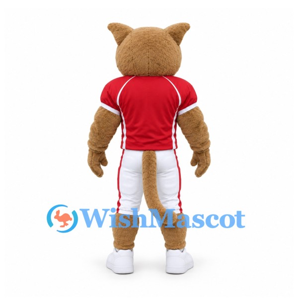Cougar Mascot Costume in Tan with Red Football Jersey and White Trousers