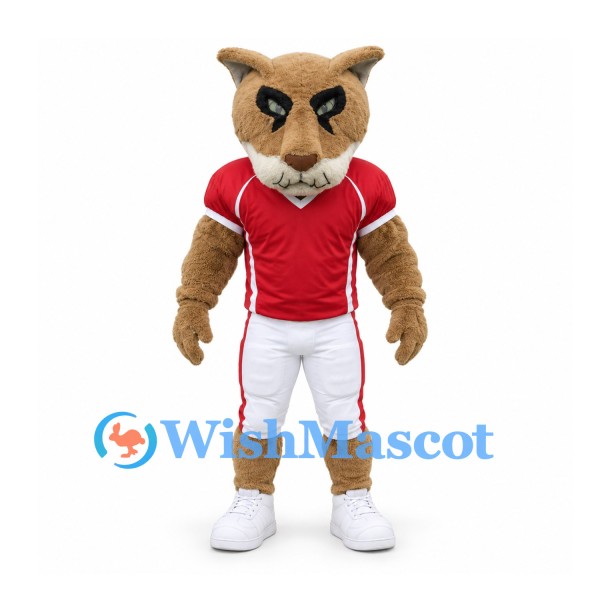 Cougar Mascot Costume in Tan with Red Football Jersey and White Trousers
