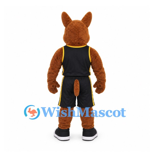Kangaroo Mascot Costume in Brown with Black Basketball Uniform