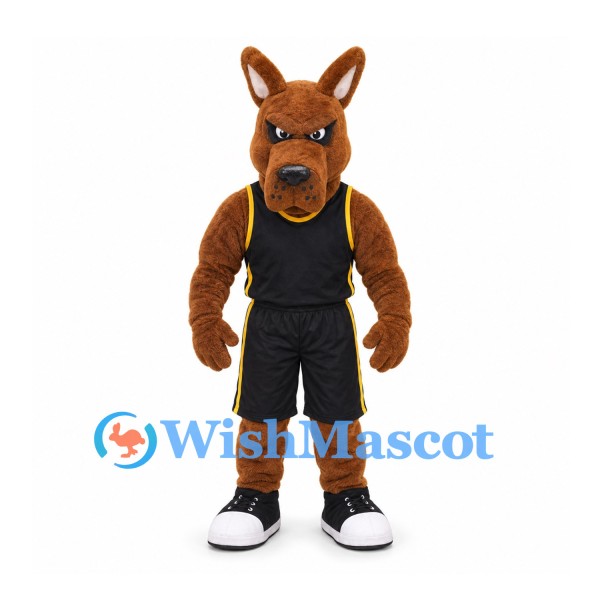 Kangaroo Mascot Costume in Brown with Black Basketball Uniform
