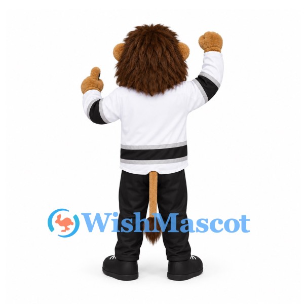 Lion Mascot Costume in Brown with White and Black Hockey Uniform