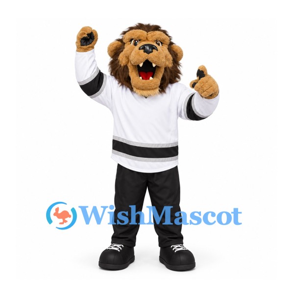 Lion Mascot Costume in Brown with White and Black Hockey Uniform