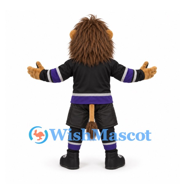 Lion Mascot Costume in Brown with Black and Purple Hockey Uniform