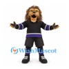 Lion Mascot Costume in Brown with Black and Purple Hockey Uniform