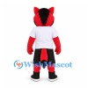 Wolf Mascot Costume in Red and Black with White Shirt and Black Shorts