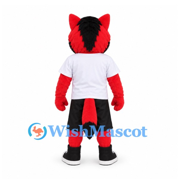 Wolf Mascot Costume in Red and Black with White Shirt and Black Shorts