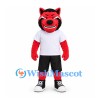 Wolf Mascot Costume in Red and Black with White Shirt and Black Shorts