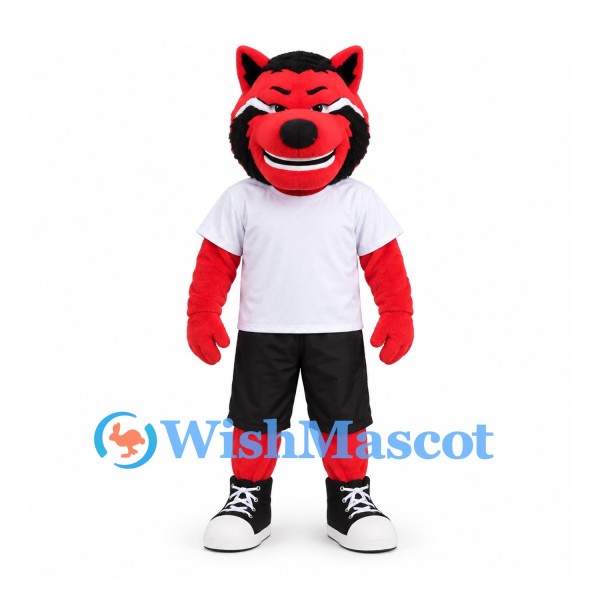 Wolf Mascot Costume in Red and Black with White Shirt and Black Shorts