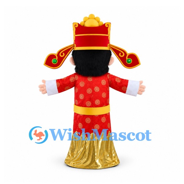 God of Wealth Mascot Costume in Red and Gold Robe with Ornate Hat
