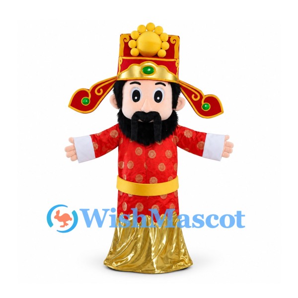 God of Wealth Mascot Costume in Red and Gold Robe with Ornate Hat