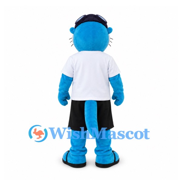 Otter Mascot Costume in Blue with White Shirt and Black Shorts