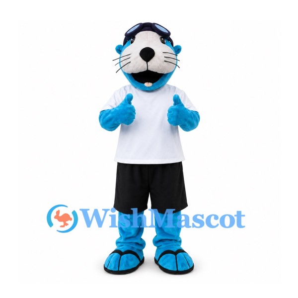 Otter Mascot Costume in Blue with White Shirt and Black Shorts