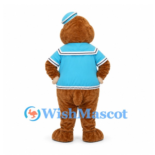 Beaver Mascot Costume in Brown with Blue Sailor Outfit and Red Scarf