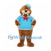 Beaver Mascot Costume in Brown with Blue Sailor Outfit and Red Scarf
