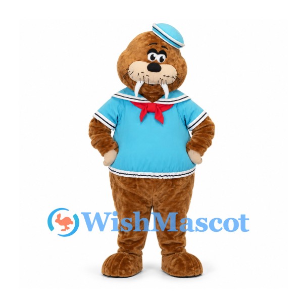 Beaver Mascot Costume in Brown with Blue Sailor Outfit and Red Scarf