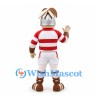 Dog Mascot Costume in Red Striped Sports Shirt with Silver Helmet