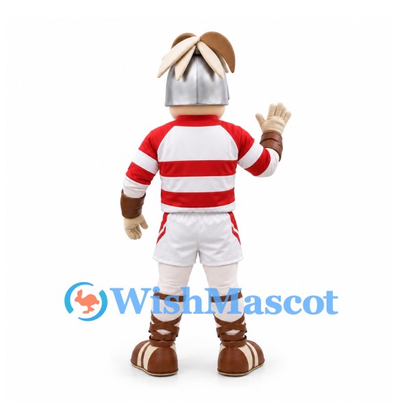 Dog Mascot Costume in Red Striped Sports Shirt with Silver Helmet