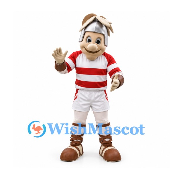 Dog Mascot Costume in Red Striped Sports Shirt with Silver Helmet