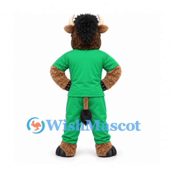 Bull Mascot Costume in Brown with Green Sports Uniform and White Headband