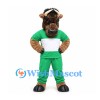 Bull Mascot Costume in Brown with Green Sports Uniform and White Headband