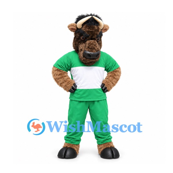 Bull Mascot Costume in Brown with Green Sports Uniform and White Headband