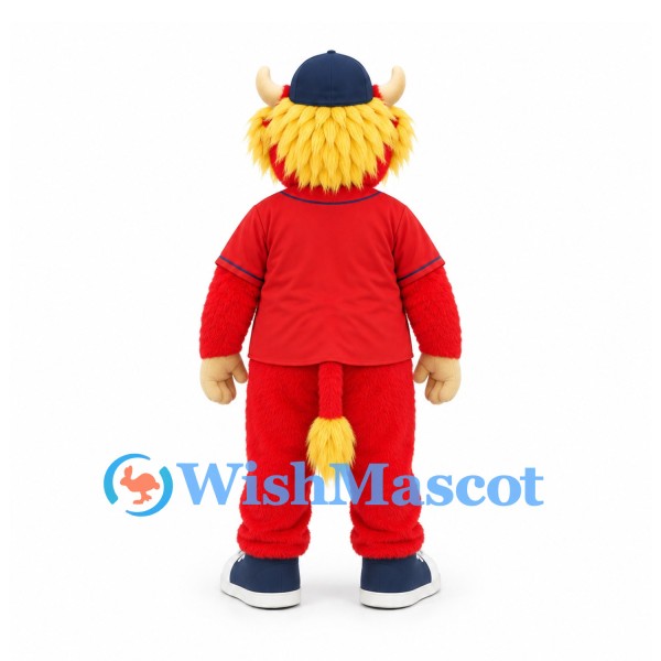 Bull Mascot Costume in Red with Yellow Hair Navy Cap and Red Jacket