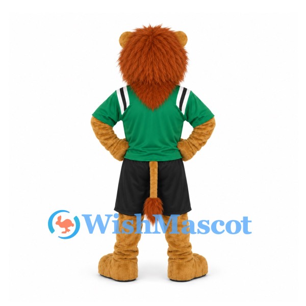 Lion Mascot Costume in Tan with Green Sports Shirt and Black Shorts