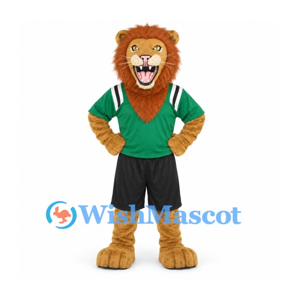 Lion Mascot Costume in Tan with Green Sports Shirt and Black Shorts