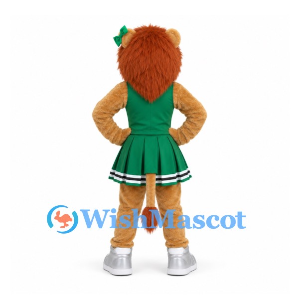 Lion Mascot Costume in Tan with Green Cheerleader Dress and Hair Bow