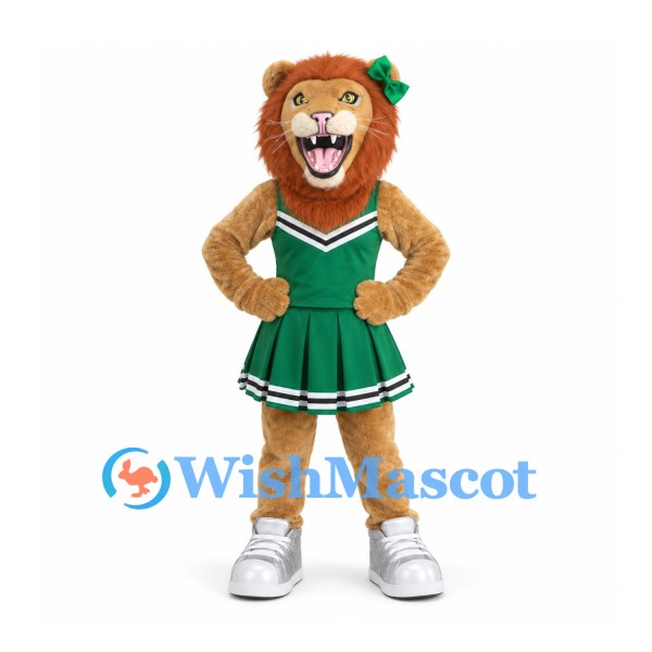 Lion Mascot Costume in Tan with Green Cheerleader Dress and Hair Bow