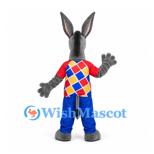 Donkey Mascot Costume in Gray with Diamond Pattern Shirt and Blue Trousers