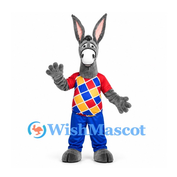 Donkey Mascot Costume in Gray with Diamond Pattern Shirt and Blue Trousers