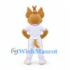Dog Mascot Costume in Tan with White Baseball Uniform and Red Trim