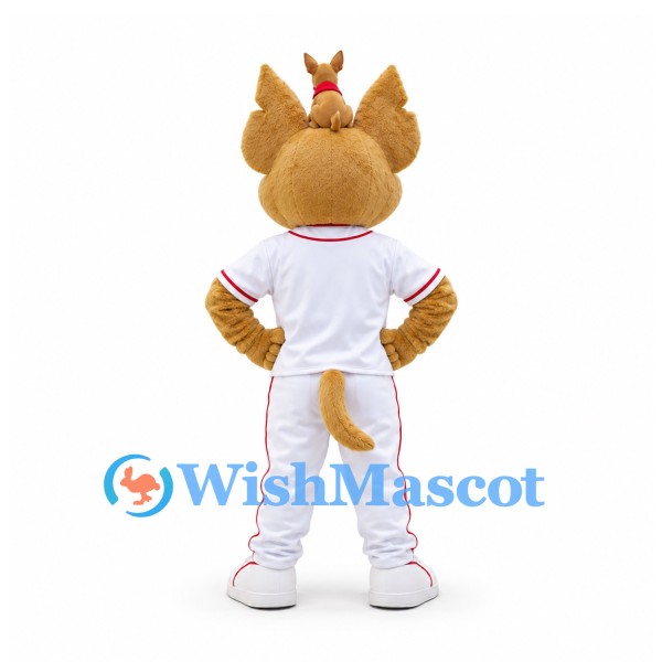 Dog Mascot Costume in Tan with White Baseball Uniform and Red Trim