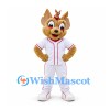 Dog Mascot Costume in Tan with White Baseball Uniform and Red Trim