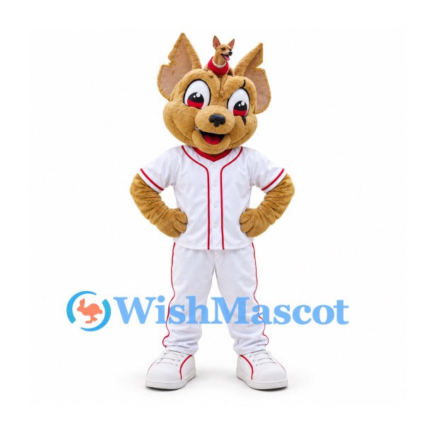 Dog Mascot Costume in Tan with White Baseball Uniform and Red Trim