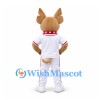 Dog Mascot Costume in Tan with White Baseball Uniform and Red Collar