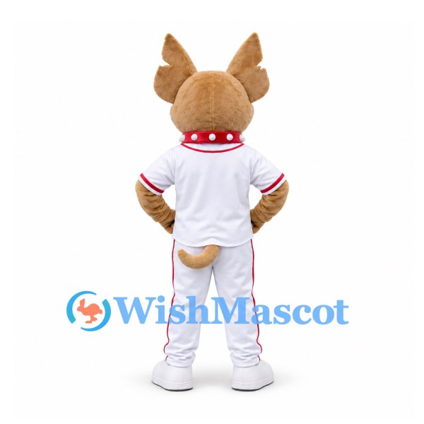 Dog Mascot Costume in Tan with White Baseball Uniform and Red Collar